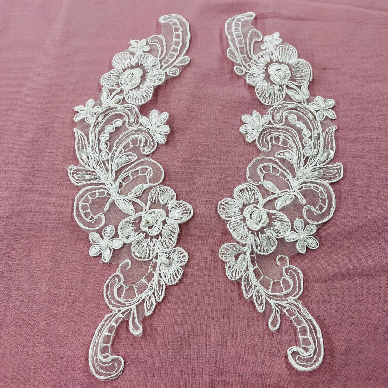 1 Pair Beaded & Corded Floral Lace Applique 10" x 3" Each Side